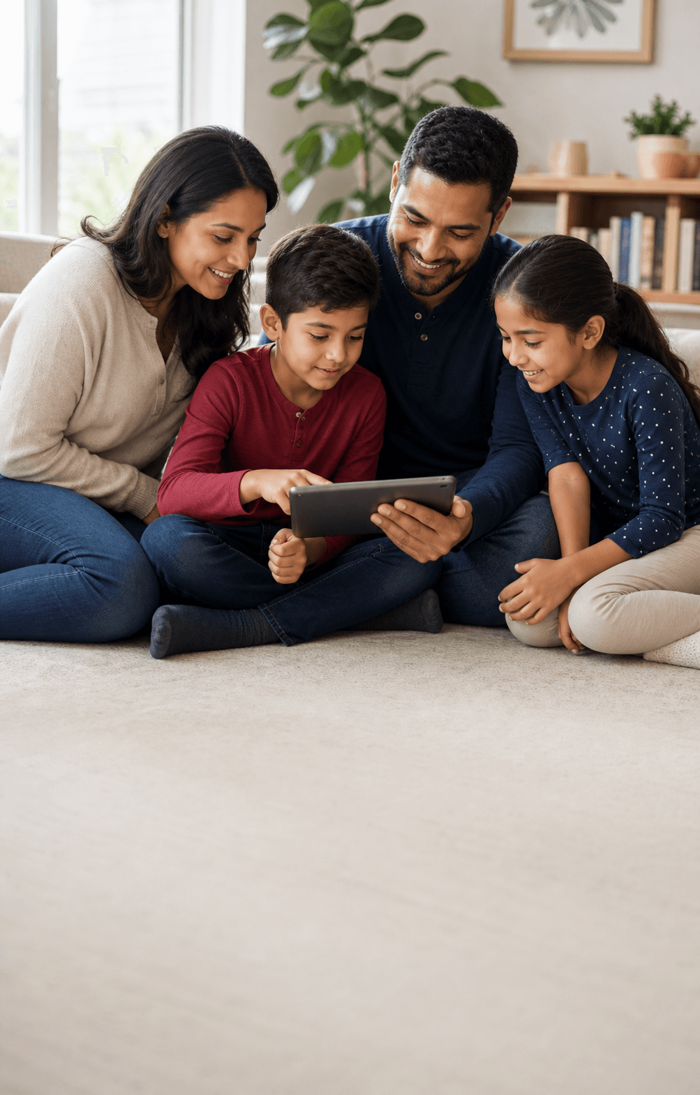 Two parents and their children sitting together at home, exploring an app on a tablet